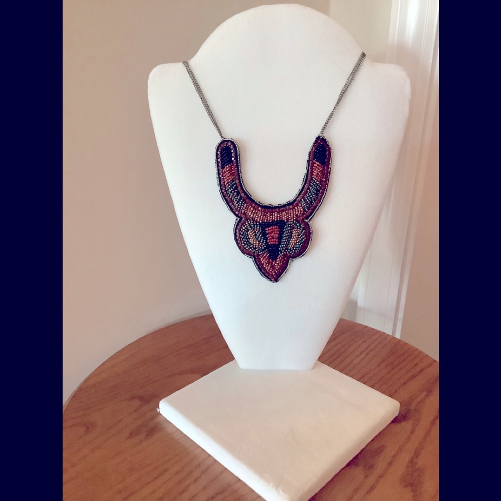 😊Statement necklace all hand beaded with chain and comfortable cloth back, 20”